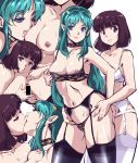  2girls anal_fingering animal_print bar_censor black_legwear blue_eyes bra breasts brown_eyes brown_hair censored choker closed_eyes commentary commentary_request double_penetration eyebrows_visible_through_hair fingering french_kiss garter_belt garter_straps green_hair horns kiss leopard_print licking long_hair looking_at_viewer lum medium_breasts medium_hair miyake_shinobu multiple_girls navel nipple_licking nipples oni panties pointy_ears pussy_juice simple_background smile thighhighs tiger_print tiger_stripes underwear urusei_yatsura white_bra white_legwear white_panties yuri yuya 