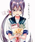  1girl akebono_(kantai_collection) bell blue_sailor_collar bouquet flower hair_bell hair_flower hair_ornament hatu_xxgoukan jingle_bell kantai_collection long_hair looking_at_viewer purple_eyes purple_hair rose sailor_collar school_uniform serafuku shitty_admiral_(phrase) short_sleeves side_ponytail simple_background smile solo translated tsundere upper_body very_long_hair white_background 