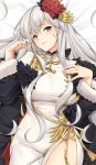  1girl azur_lane bangs black_coat blush breasts china_dress chinese_clothes coat dakimakura dress earrings enterprise_(azur_lane) enterprise_(blooming_peony)_(azur_lane) feather-trimmed_coat feather_trim flower hair_flower hair_ornament hoop_earrings jewelry large_breasts long_hair looking_at_viewer parted_lips purple_eyes silver_hair smile solo tony_guisado very_long_hair white_dress 