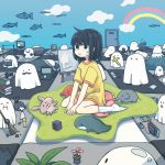  1girl :i black_eyes black_hair book broom camera commentary computer cross facial_hair fish flower ghost glasses highres laptop mountain mustache nintendo_switch original painting_(object) rainbow reading short_hair sitting sleeping stuffed_toy sweatdrop sweeping symbolism wariza yomoi_nui 