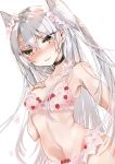  1girl alternate_costume amatsukaze_(kantai_collection) bangs blush bra breasts cherry_print chigasaki_y choker closed_mouth eyebrows_visible_through_hair flower food_print hair_between_eyes hair_flower hair_ornament hand_on_own_chest highres kantai_collection lingerie lips long_hair panties pink_bra pink_flower pink_panties silver_hair simple_background small_breasts solo two_side_up underwear white_background yellow_eyes 