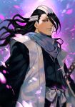  1boy bankai black_hair black_kimono bleach closed_mouth hair_ornament hankuri japanese_clothes kimono kuchiki_byakuya long_hair looking_at_viewer male_focus petals sash scarf solo sword weapon 