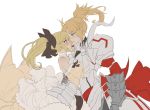  2girls ahoge arm_around_waist armor armored_skirt artoria_pendragon_(all) bare_shoulders black_ribbon blonde_hair blush braid cowboy_shot detached_sleeves fate/apocrypha fate/unlimited_codes fate_(series) french_braid green_eyes long_hair mordred_(fate)_(all) multiple_girls orange_sekaii ponytail ribbon saber_lily white_background 