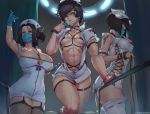  3girls abs absurdres aqua_eyes arm_up armpits artist_name ass bare_shoulders bikini black_bikini black_hair bob_cut breasts brown_eyes caduceus cleavage_cutout coronavirus_pandemic covered_nipples cutesexyrobutts finger_to_mouth fishnets garter_straps hair_over_one_eye hat highres huge_breasts huge_filesize large_breasts long_hair looking_at_viewer mask medium_breasts mouth_mask multiple_girls muscle muscular_female nurse nurse_cap o-ring open_clothes open_shirt original paid_reward patreon_reward ponytail short_hair signature swimsuit textless thick_thighs thighhighs thighs tied_hair white_legwear 