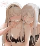  2girls ak-12_(girls_frontline) an-94_(girls_frontline) bangs black_bra black_camisole black_hair black_ribbon blue_eyes blush bra braid breasts camisole closed_eyes collarbone commentary_request covering_mouth eyebrows_visible_through_hair french_braid girls_frontline hairband half-closed_eyes highres holding_another hyury implied_fingering lace large_breasts long_hair medium_breasts multiple_girls nude one_eye_closed parted_lips platinum_blonde_hair ribbon silver_hair strap_slip sweat underwear work_in_progress yuri 