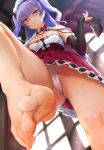  1girl absurdres ajax_(azur_lane) azur_lane bangs barefoot beret blush breasts brown_footwear capelet close-up detached_sleeves eyebrows_visible_through_hair fantia_reward feet foot_up foreshortening from_below hat highres holding holding_shoes ipuu_(el-ane_koubou) lace lace-trimmed_panties loafers long_hair looking_at_viewer paid_reward panties pantyshot pantyshot_(standing) pov_feet purple_hair red_eyes red_skirt retrofit_(azur_lane) shoes shoes_removed skirt small_breasts smile solo standing toe-point toes two_side_up underwear white_headwear white_panties 