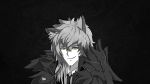  1boy absurdres animal_ears arknights asymmetrical_hair black_background english_commentary english_text fur-trimmed_sleeves fur_trim highres ichi10art looking_at_viewer male_focus meme monochrome monochrome_background necktie ricardo_milos silverash_(arknights) solo yellow_eyes 