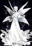  1girl bare_shoulders breasts cleavage dress extra_ears flower frills hair_between_eyes hair_flower hair_ornament highres long_dress monzoco parted_lips pixiv_fantasia pixiv_fantasia_age_of_starlight short_hair smile solo sparkle white_dress white_eyes white_flower white_hair wings 