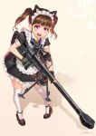  1girl animal_ears anti-materiel_rifle bell bipod brown_hair cat_ears gloves gun holding holding_gun holding_weapon jingle_bell kws maid maid_headdress original pink_eyes rifle simple_background sniper_rifle solo thighhighs twintails weapon white_legwear 