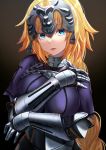  1girl armor armored_dress bangs blonde_hair blue_eyes braid breasts chain fate/apocrypha fate_(series) faulds gakuon_(gakuto) gauntlets headpiece highres jeanne_d&#039;arc_(fate) jeanne_d&#039;arc_(fate)_(all) large_breasts long_braid long_hair looking_at_viewer open_mouth plackart single_braid solo very_long_hair 