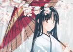  1girl black_hair brown_eyes cherry_blossoms eyebrows_visible_through_hair holding holding_umbrella japanese_clothes kantai_collection long_hair shouhou_(kantai_collection) solo takuzui umbrella upper_body 