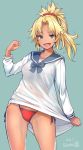  1girl artist_name bikini bikini_under_clothes blonde_hair blue_background blue_sailor_collar bosshi collarbone commentary_request cowboy_shot dated dress fate/grand_order fate_(series) green_eyes hair_ornament hair_scrunchie highres long_hair looking_at_viewer mordred_(fate)_(all) mordred_(swimsuit_rider)_(fate) ponytail red_bikini sailor_collar sailor_dress scrunchie see-through side-tie_bikini smile solo standing swimsuit swimsuit_under_clothes white_dress 