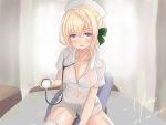  1girl alternate_costume areolae blonde_hair braid braided_bun breasts cleavage dated hat highres holding_stethoscope kantai_collection large_areolae nurse nurse_cap perth_(kantai_collection) shirt short_hair signature sitting solo thigh_strap white_shirt yume_(mi_yu601) 