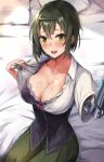  1girl bangs bed bed_sheet black_bra blush bra breasts cleavage collarbone collared_shirt commentary_request cyborg dress_shirt fang green_eyes green_hair green_skirt hasumushi highres large_breasts looking_at_viewer on_bed original pillow prosthesis prosthetic_arm prosthetic_fingers shirt short_hair short_sleeves sitting sitting_on_bed skin_fang skirt solo unbuttoned unbuttoned_shirt underwear undressing white_shirt 
