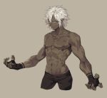  1boy black_gloves brown_background closed_mouth dark_skin dark_skinned_male facial_scar fang fingerless_gloves fingernails gloves loladestiny male_focus mouth_scar muscle navel nipples nose_scar original scar shirt shirtless simple_background solo white_eyes white_hair 