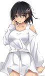  1girl alternate_costume bare_shoulders black_hair brown_eyes character_name cowboy_shot dated dress eyebrows haguro_(kantai_collection) hair_ornament highres kantai_collection short_hair simple_background solo timato twitter_username white_background white_dress 