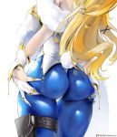 1girl artoria_pendragon_(all) artoria_pendragon_(swimsuit_ruler)_(fate) ass ass_focus ass_support blonde_hair blue_legwear breasts bunny_girl bunny_tail bunnysuit close-up commentary detached_collar fate/grand_order fate_(series) fishnets from_behind highres kilalesi large_breasts long_hair pantyhose solo tail thigh_strap wrist_cuffs 