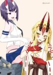  2girls alakoala blonde_hair cosplay fate/grand_order fate_(series) highres horns ibaraki_douji_(fate/grand_order) kantai_collection kongou_(kantai_collection) kongou_(kantai_collection)_(cosplay) long_hair multiple_girls oni purple_hair seiyuu_connection shimakaze_(kantai_collection) shimakaze_(kantai_collection)_(cosplay) short_hair shuten_douji_(fate/grand_order) touyama_nao 