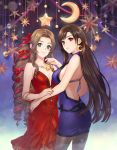  2girls aerith_gainsborough back backless_dress backless_outfit black_hair bra_strap breasts brown_eyes brown_hair cleavage crescent crescent_earrings dress drill_hair earrings final_fantasy final_fantasy_vii final_fantasy_vii_remake flower green_eyes hair_flower hair_ornament hair_ribbon hand_on_another&#039;s_arm jewelry long_hair looking_back multiple_girls necklace ohse pantyhose purple_dress red_dress red_eyes ribbon smile star star_necklace tifa_lockhart 