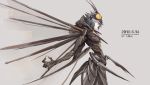  1boy brown_headwear closed_mouth dated fingernails frown grey_background grey_eyes grey_hair headgear highres insect_boy insect_wings loladestiny male_focus original sharp_fingernails signature solo standing wings 