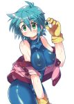  1girl allenby_beardsley bare_shoulders blue_bodysuit blue_hair blush bodysuit breasts covered_nipples g_gundam gloves green_eyes gundam impossible_bodysuit impossible_clothes kanibasami large_breasts looking_at_viewer nipples short_hair skin_tight solo sweat yellow_gloves 