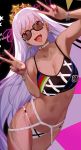  1girl :d arm_up armpits bangs bare_shoulders bb_(fate)_(all) bb_(swimsuit_mooncancer)_(fate) bikini black-framed_eyewear bracelet breasts choker cleavage collarbone commentary cowboy_shot dark_skin double_v earrings eyebrows_visible_through_hair face fangs fate/grand_order fate_(series) fingernails hand_up hands jewelry large_breasts long_hair looking_at_viewer mismatched_bikini nail_polish navel open_mouth pink_nails pink_ribbon purple_eyes purple_hair ribbon salmon88 sharp_fingernails smile solo star stomach sunglasses swimsuit tan thighs tiara tongue tongue_out v very_long_hair 