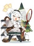  1girl :3 ahoge animal_ear_fluff animal_ears bangs beret blush bug butterfly_net chibi closed_eyes doubutsu_no_mori fox_ears fox_girl hair_between_eyes hand_net hat holding hololive insect insect_cage karei long_hair long_sleeves open_mouth shadow shirakami_fubuki simple_background skirt solo tarantula tree virtual_youtuber white_background white_hair white_neckwear 