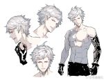  1boy abs adam_(nier_automata) arm_tattoo black_gloves collarbone gloves loladestiny male_focus muscle navel nier_(series) nier_automata nipples open_mouth parted_lips red_eyes shirtless simple_background smile solo tattoo teeth upper_teeth white_background white_hair 