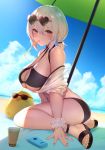  1girl absurdres ass azur_lane bangs bare_shoulders beach beach_umbrella bikini black_bikini black_footwear blue_sky breasts bubble_tea cleavage cloud commentary_request day drinking_straw eyebrows_visible_through_hair eyewear_on_head food from_side hair_between_eyes heart heart-shaped_eyewear highres large_breasts looking_at_viewer manjuu_(azur_lane) navel o-ring o-ring_top ocean off_shoulder open_toe_shoes outdoors pokachu red_eyes sand sandals scrunchie sheer_clothes short_hair short_twintails sidelocks sirius_(azur_lane) sirius_(midsummer_seirios)_(azur_lane) sitting sky solo sunglasses sweat swimsuit twintails umbrella water white_hair white_scrunchie wrist_scrunchie 