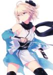 1girl ahoge blonde_hair bow fate/grand_order fate_(series) hair_bow holding holding_sword holding_weapon japanese_clothes katana kimono looking_to_the_side okita_souji_(fate) okita_souji_(fate)_(all) satsumi short_hair simple_background solo sword unsheathed weapon white_background 
