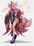  1girl animal_ear_fluff animal_ears blue_fire clog_sandals detached_sleeves fan fire floating_hair folding_fan fox_ears fox_tail full_body grey_background hand_up highres holding holding_fan inabi inari long_hair long_sleeves looking_at_viewer multiple_tails original pelvic_curtain pleated_skirt purple_legwear red_hair simple_background skirt socks solo standing tail two_tails white_background white_skirt wide_sleeves 