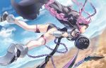  1girl absurdres ass black_cape black_footwear black_gloves braid cape chain commentary_request day falling fate/grand_order fate_(series) full_body gloves highres huge_filesize ildy long_hair long_sleeves medusa_(lancer)_(fate) outdoors pink_hair rider shoes solo weapon 