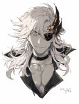  1boy black_choker black_eyepatch black_eyes choker closed_mouth dated eyepatch face grey_hair half-closed_eyes highres horns loladestiny long_hair male_focus original shirt signature simple_background smile solo upper_body white_background 