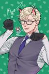  1boy absurdres animal_ears artist_name blush cat cat_ears doubutsu_no_mori formal glasses gloves green_background green_eyes heart heterochromia highres jack_(doubutsu_no_mori) leaf necktie paw_pose personification solo suit tongue tongue_out user_rjzu7857 yellow_eyes 