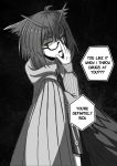  1girl absurdres arknights back_turned cape english_commentary english_text glaring glasses highres ichi10art long_sleeves monochrome monochrome_background owl_ears short_hair silence_(arknights) yellow_eyes 