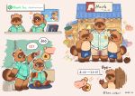  2020 animal_crossing anthro apron belly blush bottomwear brown_body brown_fur canid canine clothing eyes_closed fur group hi_res kemono male mammal money nintendo overweight overweight_male raccoon_dog shirt shorts sitting slightly_chubby tanuki text timmy_nook tom_nook_(animal_crossing) tommy_nook topwear video_games wolfsoul 