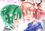  2girls absurdres bangs blush cherry_blossoms closed_eyes commentary_request face-to-face from_side green_eyes green_hair highres multiple_girls no_headwear onozuka_komachi open_mouth petals profile red_hair shiki_eiki short_hair smile touhou twitter_username yuri yuuki_eishi 