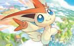  akitsu_taira blue_eyes commentary creature day english_commentary fangs full_body gen_5_pokemon house looking_at_viewer multiple_sources no_humans official_art outdoors pokemon pokemon_(creature) pokemon_trading_card_game scenery solo third-party_source tower victini window 