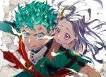  1boy 1girl absurdres behind_another boku_no_hero_academia carrying crying crying_with_eyes_open eri_(boku_no_hero_academia) green_eyes green_hair highres horn horns huge_filesize looking_at_another midoriya_izuku muyukikiyoshi11521 red_eyes smoke tagme tears torn_clothes torn_sleeves 