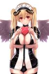  1girl black_bra black_legwear black_panties blonde_hair blush box bra breasts closed_mouth commentary_request cowboy_shot eyebrows_visible_through_hair fallen_angel_(untsue) feathered_wings fingernails hair_between_eyes heart-shaped_box holding horns huge_breasts long_hair looking_at_viewer maid_headdress mole mole_on_breast original panties puffy_short_sleeves puffy_sleeves red_eyes short_sleeves simple_background skindentation smile solo spread_wings standing thighhighs twintails underwear untsue very_long_hair white_background wings wrist_cuffs 