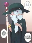  1boy beard boca bracelet braid elf emblem facial_hair hat highres jewelry korean_text long_hair male_focus mustache old_man original pointy_ears ring robe solo staff thumb_ring translation_request 