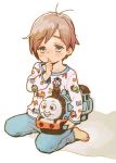  1boy barefoot blue_eyes blush brown_hair character_doll commentary eyebrows_visible_through_hair feet full_body k-san light_brown_hair looking_at_viewer original pajamas pillow simple_background solo thomas_the_tank_engine thomas_the_tank_engine_(character) white_background 
