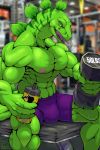  abs anthro bodily_fluids bottomwear bulge clothed clothing dinosaur extreme_dinosaurs green_body green_eyes gym hi_res iudicium86 male muscular muscular_male nipples open_mouth pecs reptile scalie shorts solo stegz sweat topless weights 