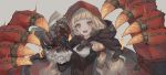  1girl bangs belt belt_buckle blonde_hair blunt_bangs blush book bow brown_belt buckle cape claws corset eyebrows_visible_through_hair fire frilled_sleeves frills grey_background hair_bow highres holding holding_book hood hood_down hood_up hooded_cape little_red_riding_hood_(sinoalice) long_hair long_sleeves looking_at_viewer open_book open_mouth orange_eyes protected_link red_bow red_cape red_hood sidelocks simple_background sinoalice sleeves_past_wrists solo upper_body wavy_hair yrloge 