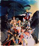  1990s_(style) 3girls 4boys armor armored_boots black_hair blonde_hair blue_hair boots cape cape_lift capelet creature dragon gloves grin hand_on_hip headband highres holding holding_polearm holding_sword holding_weapon legend_of_xanadu long_hair looking_at_viewer mountain multiple_boys multiple_girls naoyuki_onda official_art pauldrons pink_hair pink_legwear short_hair shorts skirt smile standing sword thighhighs tower weapon white_skirt zettai_ryouiki 