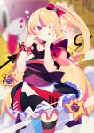  1girl ;q ashley_taylor benio_(dontsugel) black_choker blonde_hair blush bone_hair_ornament bow choker commentary_request frills hair_bow hand_on_own_cheek heart highres long_hair magia_record:_mahou_shoujo_madoka_magica_gaiden magical_girl mahou_shoujo_madoka_magica multicolored_hair obi one_eye_closed one_side_up pink_scrunchie puffy_short_sleeves puffy_sleeves red_bow red_eyes sash scrunchie short_sleeves solo streaked_hair thighhighs tongue tongue_out very_long_hair wrist_scrunchie 