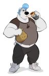  black_eyes black_nose blue_hair blush clothed clothing eating food fully_clothed fur hair hi_res igiveyoulemons male mammal overweight overweight_male polar_bear polartoons_(character) solo ursid ursine white_body white_fur 