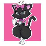  1:1 anthro black_body black_fur blush diana_(jewelpet) dipstick_limbs domestic_cat felid feline felis female fur grey_eyes hair_fountain hi_res jewelpet jewelry looking_at_viewer lotikmac mammal munchkin_cat narrowed_eyes necklace pink_background redbright_(artist) ribbons sanrio seductive semi-anthro silver_eyes simple_background smug smug_face solo thick_thighs wide_hips 