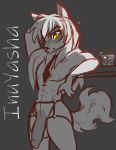  alcohol anthro beverage black_and_white canid canine canis demon domestic_dog fenalia genitals hair hi_res inuyasha male mammal monochrome necktie penis simple_background sketch solo 