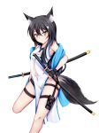  1girl absurdres animal_ear_fluff animal_ears arm_guards bangs bare_shoulders black_hair blush breasts brown_eyes china_dress chinese_clothes chrisandita cleavage cleavage_cutout commentary dress eyebrows_visible_through_hair fox_ears fox_girl fox_hair_ornament fox_tail hair_between_eyes highres katana long_hair looking_at_viewer original parted_lips pelvic_curtain shawl sheath sheathed simple_background sleeveless sleeveless_dress small_breasts solo standing standing_on_one_leg sword tail very_long_hair weapon white_background white_dress 
